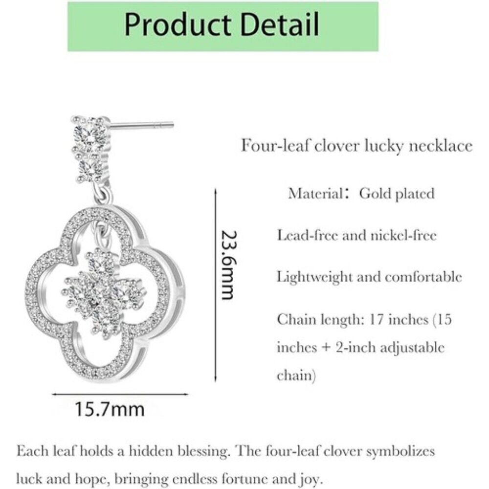 Women's 14K White Gold Plated Clover Cubic Zirconia Dainty Dangle Earrings - Picture 3 of 4